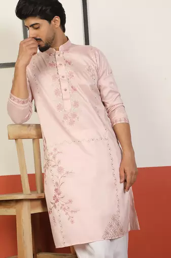 Cotton silk embroidered floral pink kurta