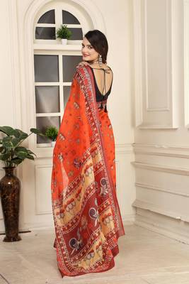 orange red cotton blend digital print saree 5