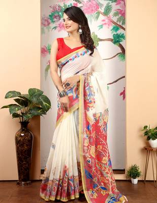cream cotton blend saree with floral print 3