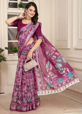 magenta cotton blend saree floral print 4