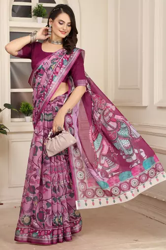 magenta cotton blend saree floral print