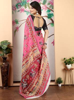pink cotton blend saree with floral print 5