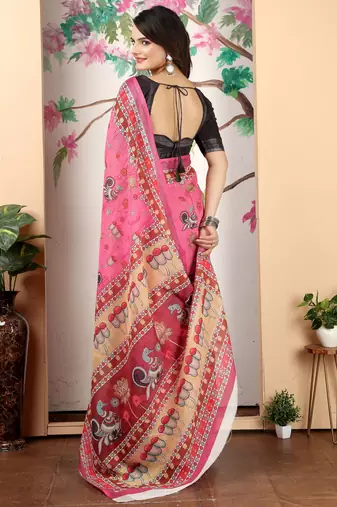 pink cotton blend saree with floral print