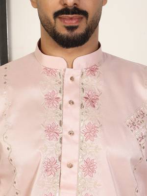 Cotton silk embroidered floral pink kurta 2