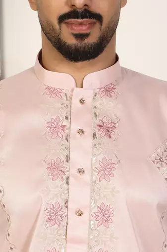 Cotton silk embroidered floral pink kurta