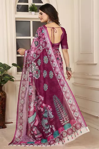 magenta cotton blend saree floral print