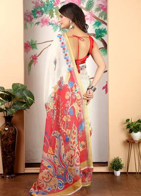 cream cotton blend saree with floral print 4