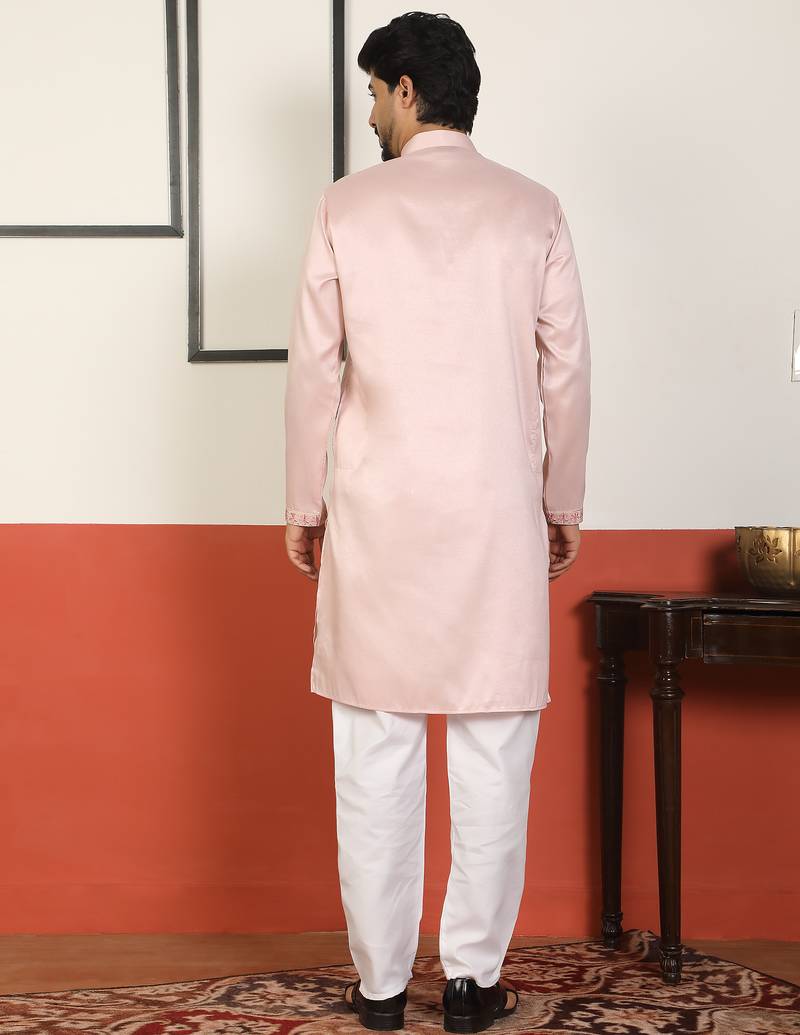 Cotton silk embroidered floral pink kurta