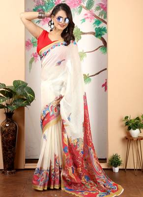 cream cotton blend saree with floral print 5