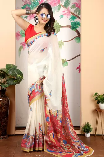cream cotton blend saree with floral print