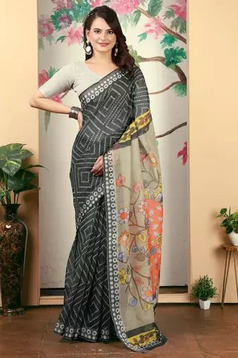 charcoal cotton blend saree with floral print