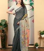 charcoal cotton blend saree with floral print