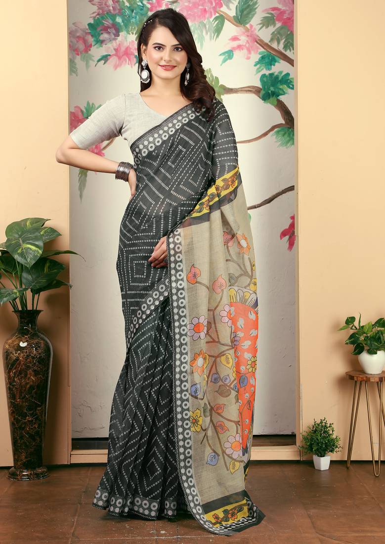 charcoal cotton blend saree with floral print