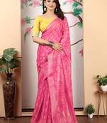 yellow pink cotton blend digital print saree