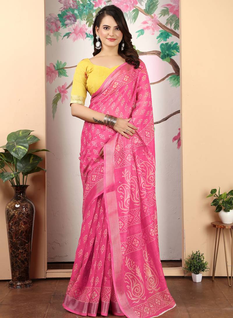 yellow pink cotton blend digital print saree