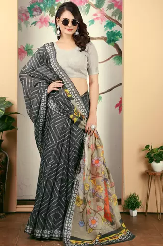 charcoal cotton blend saree with floral print