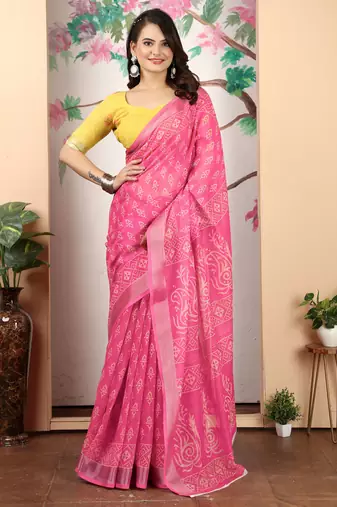 yellow pink cotton blend digital print saree