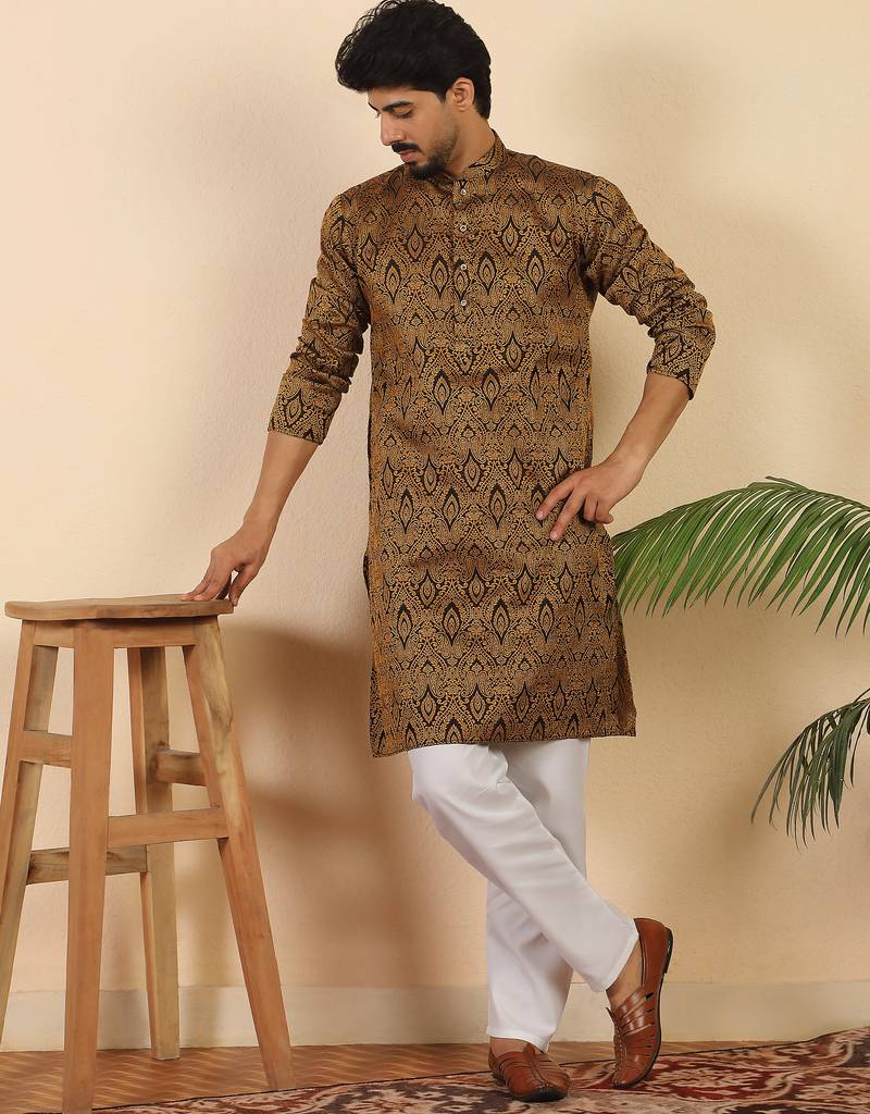 Ethinic motifs jacquard rust kurta