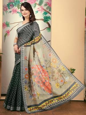charcoal cotton blend saree with floral print 4