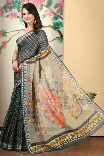 charcoal cotton blend saree with floral print