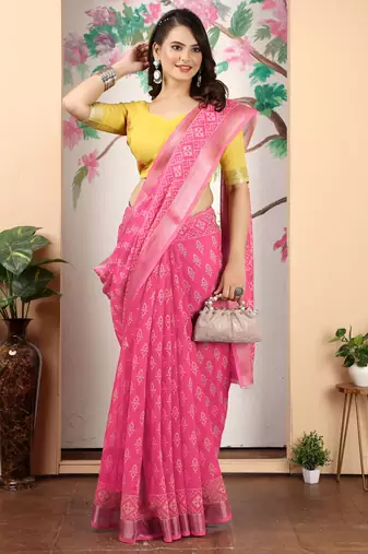 yellow pink cotton blend digital print saree