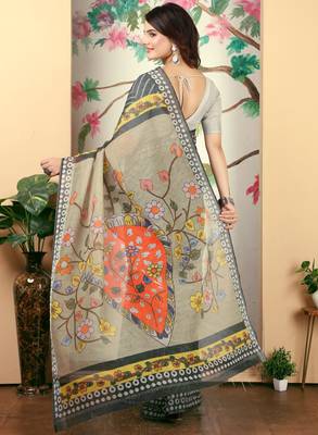 charcoal cotton blend saree with floral print 5