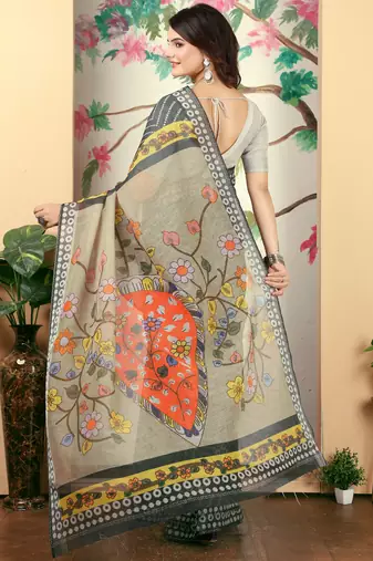 charcoal cotton blend saree with floral print