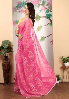 yellow pink cotton blend digital print saree 4