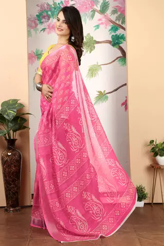 yellow pink cotton blend digital print saree