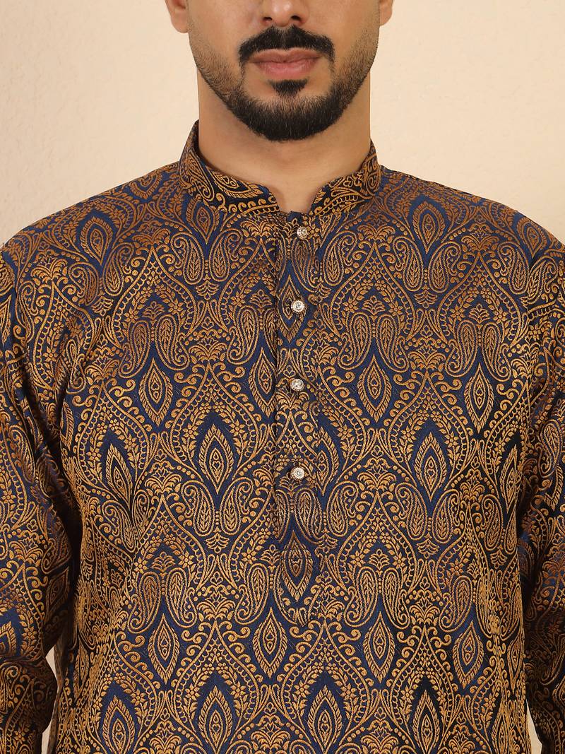 Ethinic motifs jacquard blue kurta