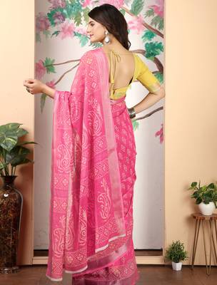 yellow pink cotton blend digital print saree 5