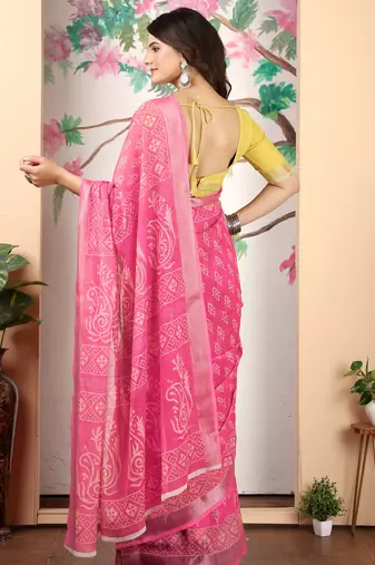 yellow pink cotton blend digital print saree