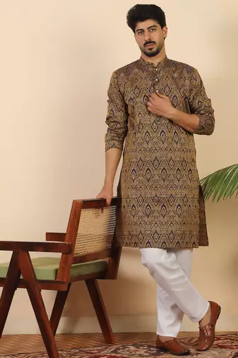 Ethinic motifs jacquard blue kurta