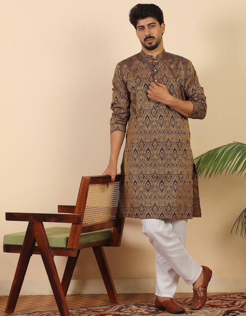 Ethinic motifs jacquard blue kurta