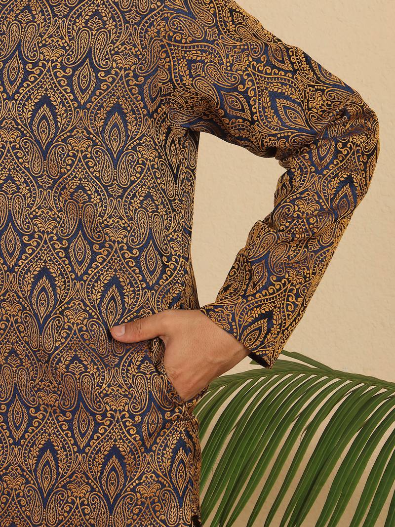 Ethinic motifs jacquard blue kurta