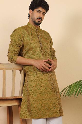 Ethinic motifs jacquard green kurta