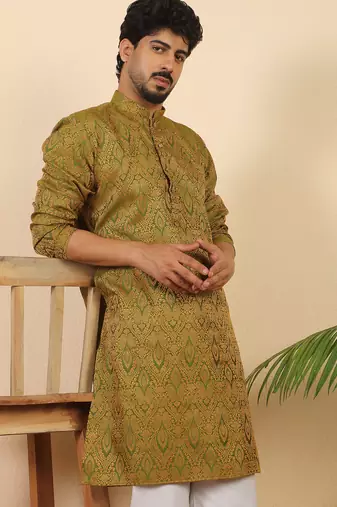 Ethinic motifs jacquard green kurta