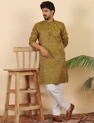 Ethinic motifs jacquard green kurta 4