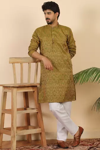 Ethinic motifs jacquard green kurta
