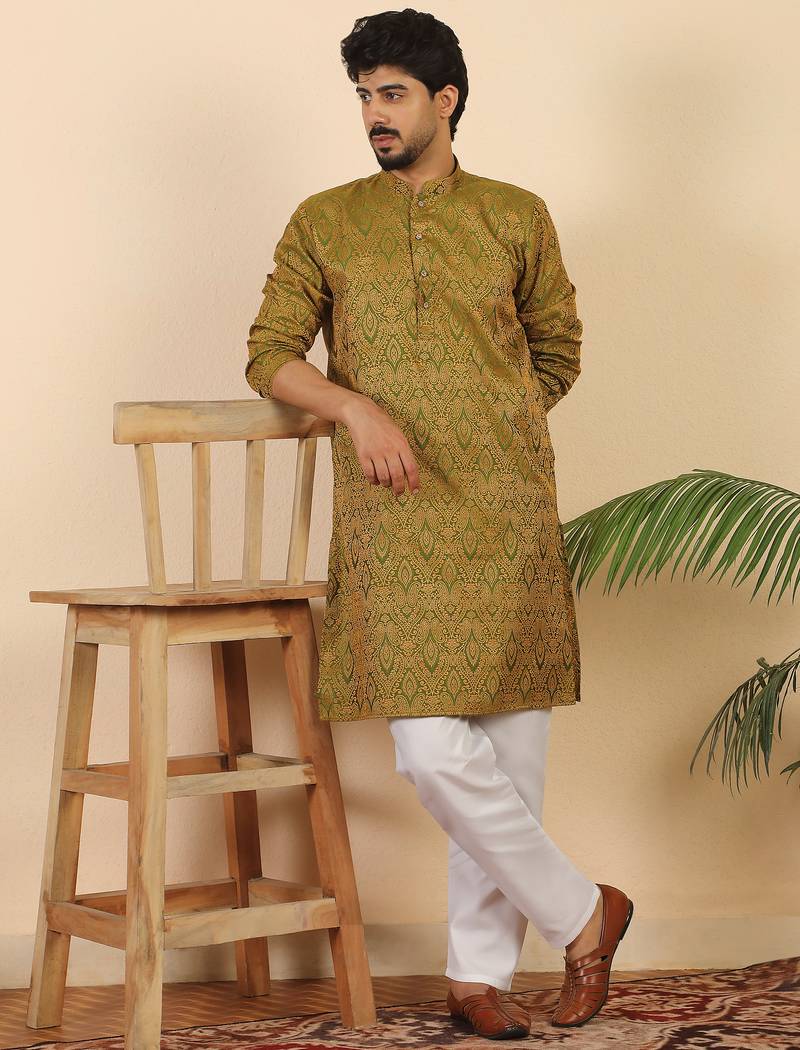 Ethinic motifs jacquard green kurta