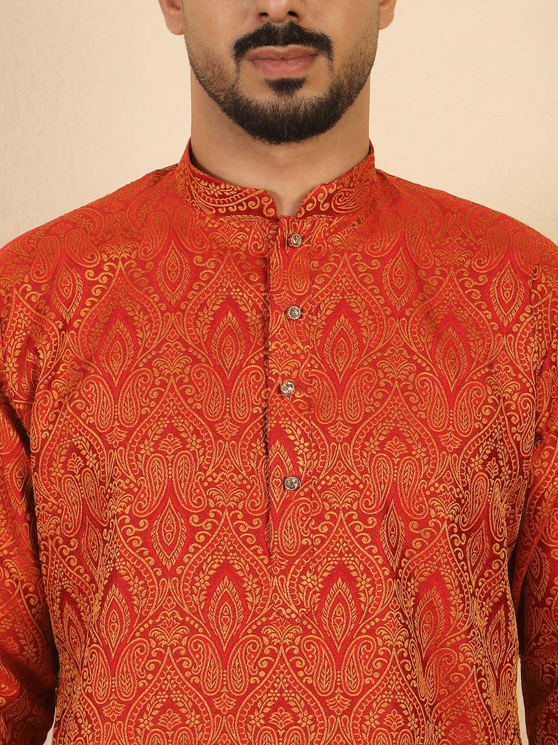 Ethinic motifs jacquard maroon kurta