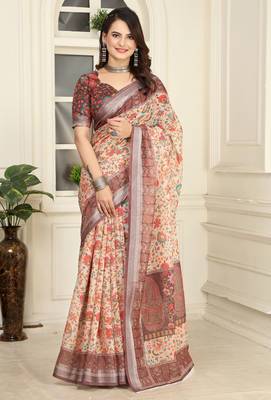 brown cotton blend saree floral border print 1