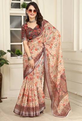 brown cotton blend saree floral border print 2