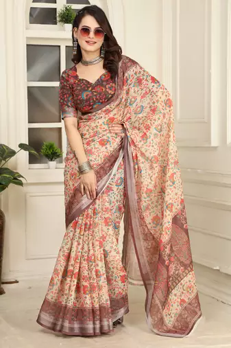 brown cotton blend saree floral border print