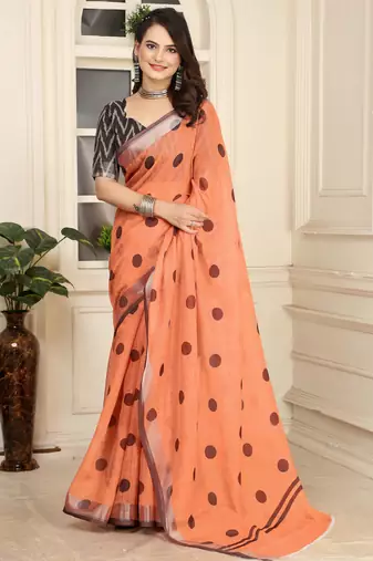 orange cotton blend saree polka dot print