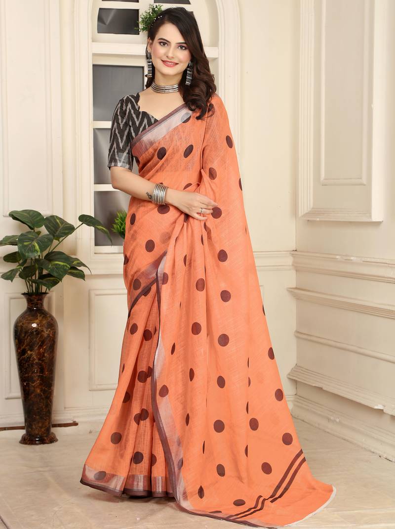 orange cotton blend saree polka dot print (sfcl213)