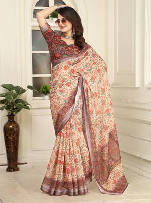 brown cotton blend saree floral border print 3