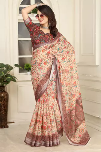 brown cotton blend saree floral border print