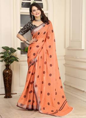 orange cotton blend saree polka dot print 2