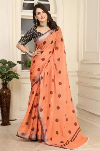 orange cotton blend saree polka dot print